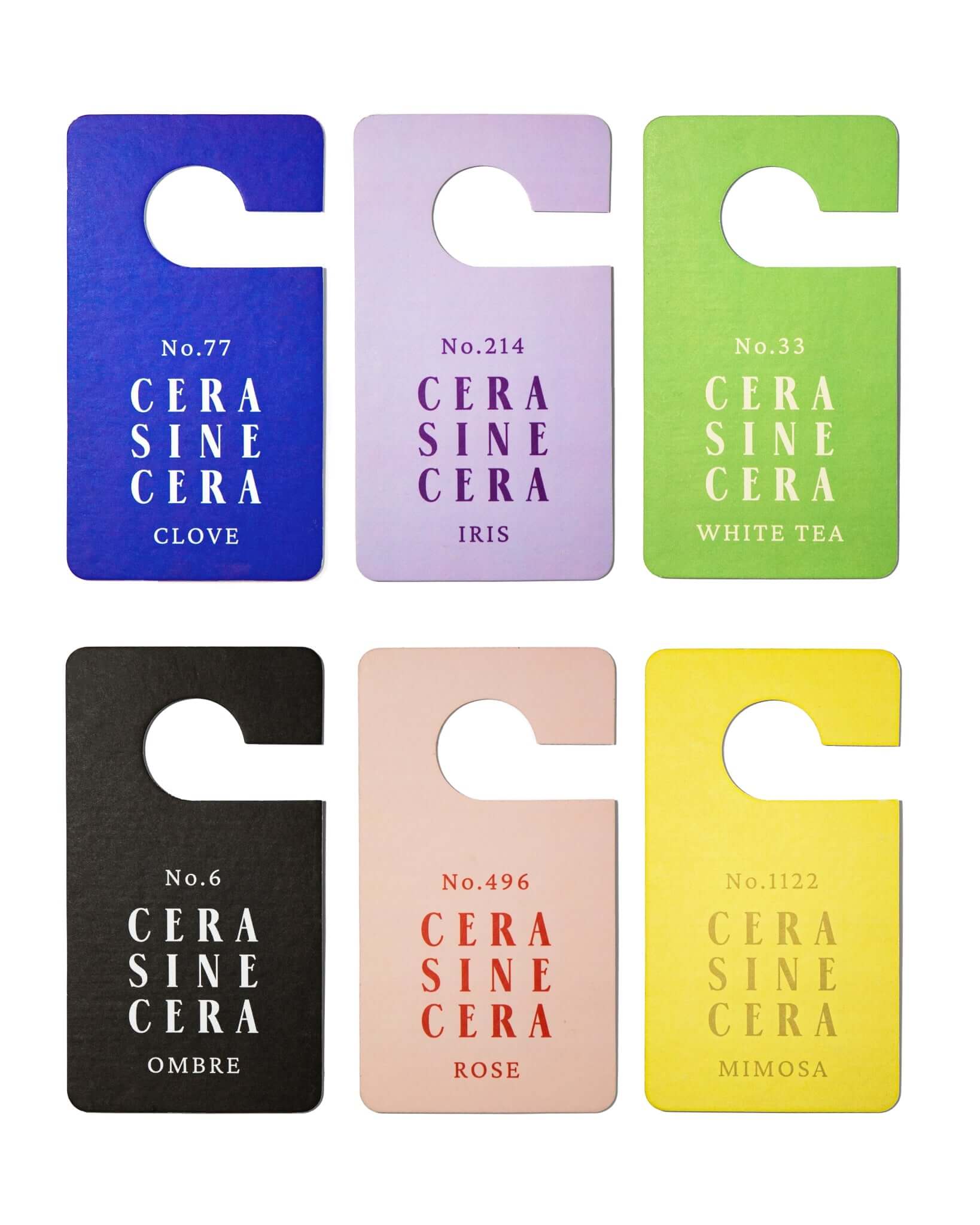 The Cera Tags Set - CeraSineCera. Clove, Iris, White Tea, Ombre, Rose, and Mimosa Fragrance Tags. 6 different scents and fragrances. Used as a room diffuser, closet diffuser, car air refresher, and any bag.