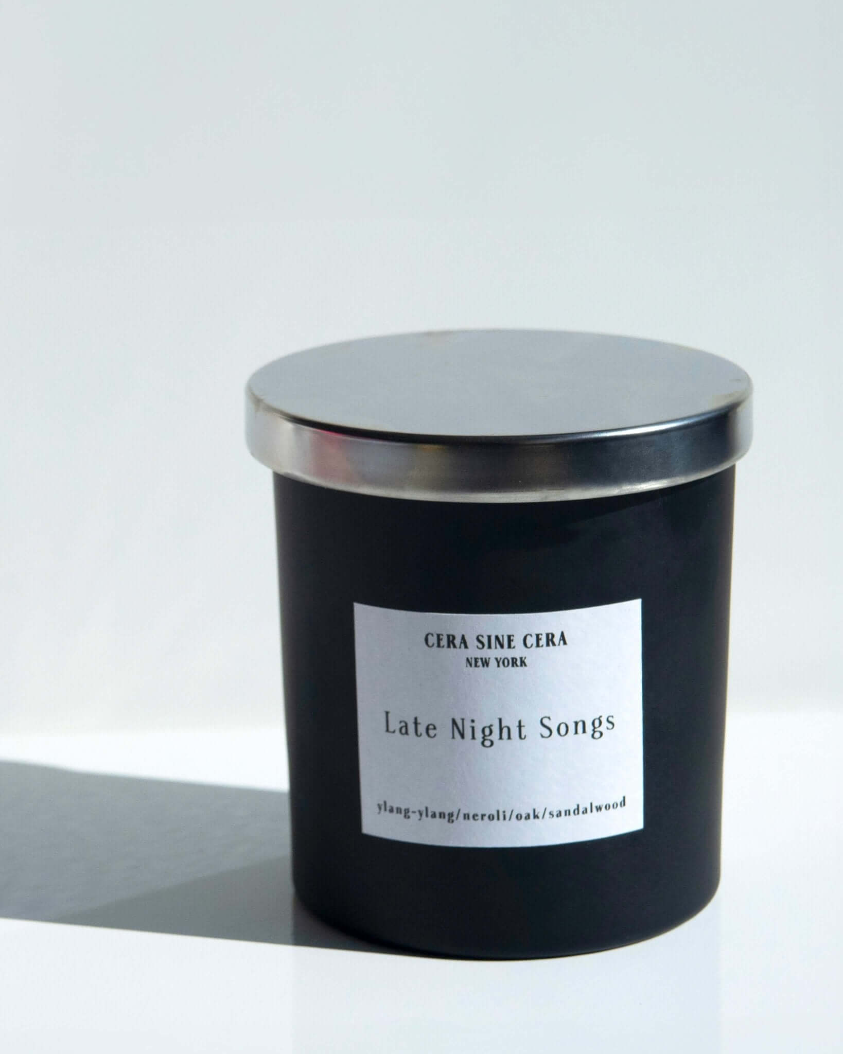 Late Night Songs Scented Candle by Cera Sine Cera - Ylang Ylang/ Neroli/ Oak/Sandalwood fragrance notes. A Floral, Sensual, and Rich scent for homes. Comes in a safe packaging and long lasting