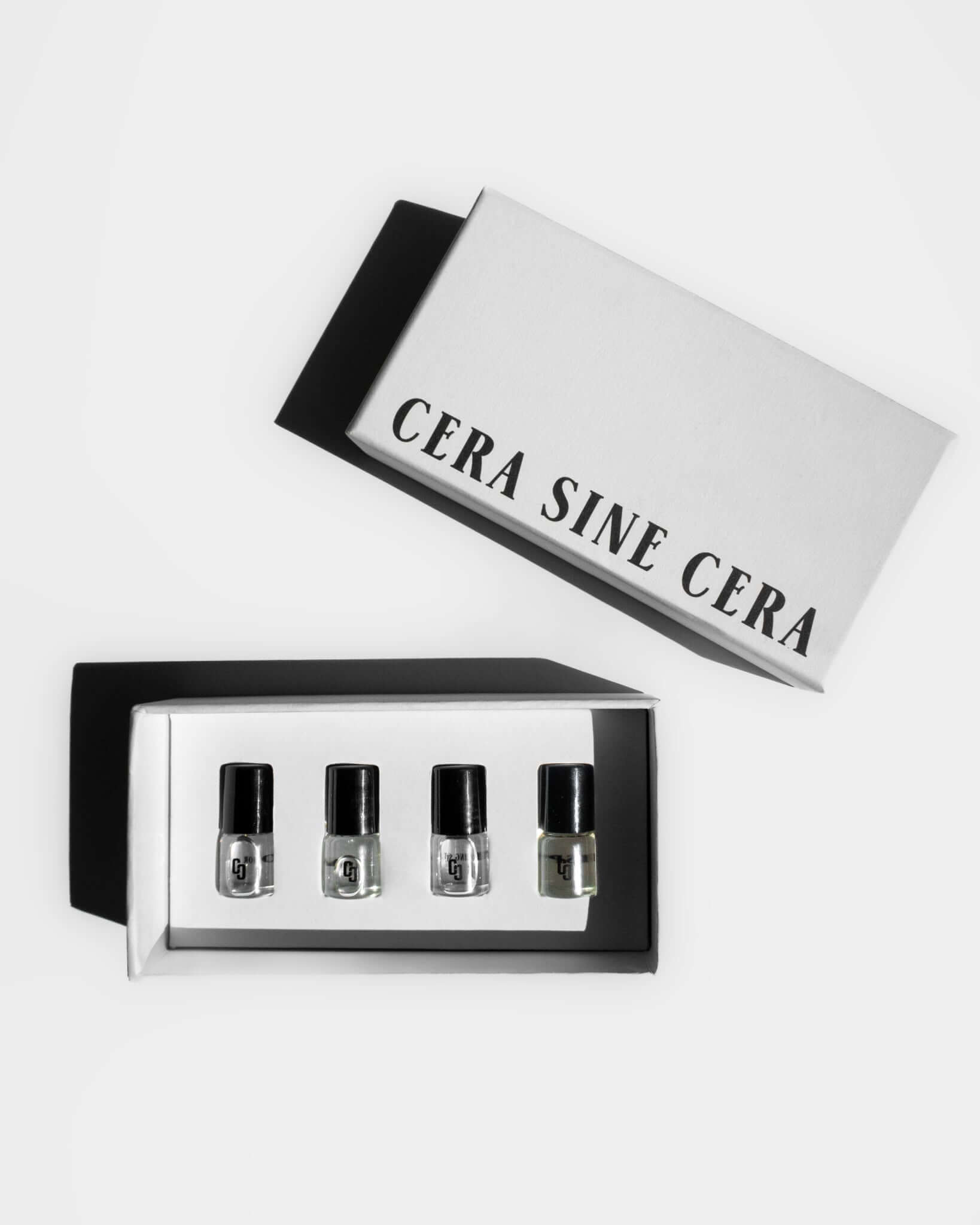 New to Cera Sine Cera? No problem! Experience the full spectrum of our perfume oil profiles with these 2ml vials—floral, woody, musky, sweet vanilla, and more. Plus, they're ridiculously cute... Notes: Amor: Saffron, Amber, and Fir ResinCity Walk: Black C