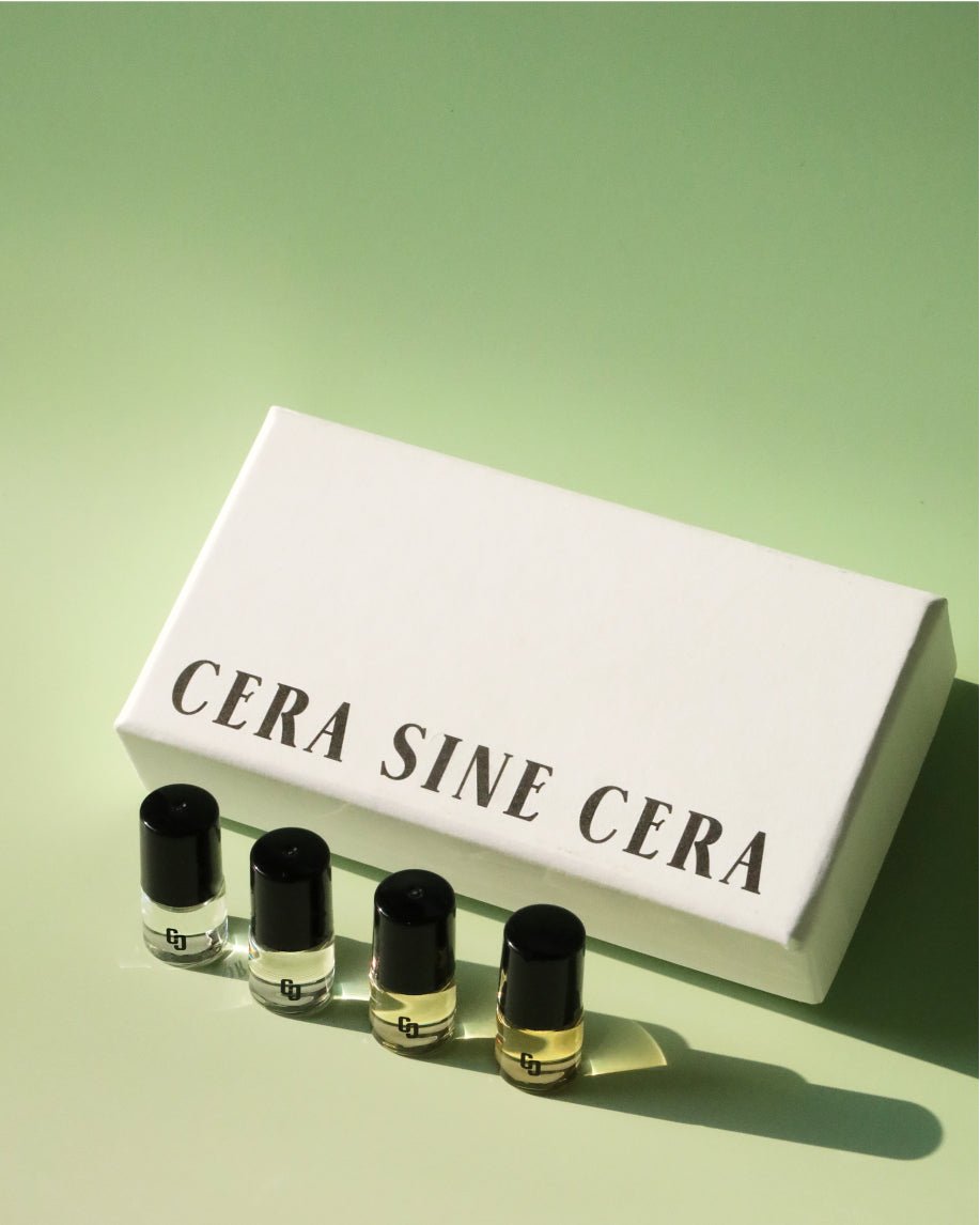 The Cera Sample Kit - Include four 2ml Roll-on bottles of Cera Sine Cera new collection perfumes. Experience the full spectrum of our perfume oil profiles with these 2ml vials—floral, woody, musky, sweet vanilla, and more. Amor: Saffron/Amber/Fir Resin Ci